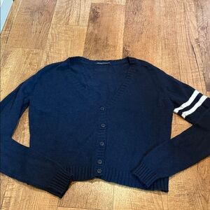 Women’s Brandy Melville navy cardigan button up sweater white stripes sleeve O/S